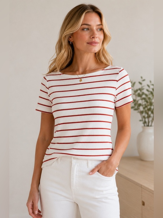 Liverpool Tops - Liverpool Los Angeles White & Red Striped Rib Knit Top XS | Stretch Boat Neck